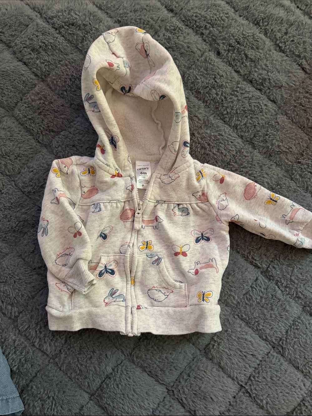 Carter's Cream Hooded Zip Jacket with Pastel Animal & Butterfly Motif